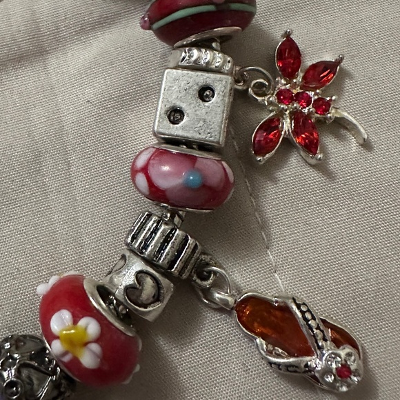 Homemade – NWOT – 925 SS plated charm bracelet, red lamp work beads, red theme - Picture 4 of 10